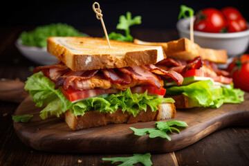 A mouthwatering club sandwich, featuring crispy bacon, fresh lettuce, and toasted bread, ideal for a quick bite or a casual lunch