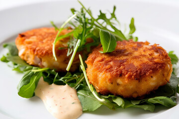A white plate holds spicy crab cakes adorned with arugula leaves and a dollop of horseradish sauce, captured in a close-up shot