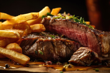 A tantalizing close-up of a sizzling steak frites, featuring a perfectly grilled medium-rare steak atop a heap of crispy fries - obrazy, fototapety, plakaty