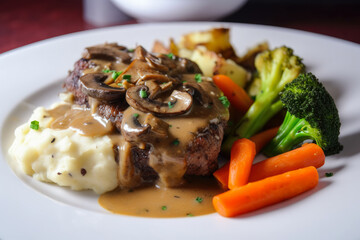 A close-up of a steak smothered in a creamy mushroom sauce, accompanied by roasted vegetables and mashed potatoes, served on a white plate