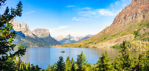 Sunrise panorama of St. Mary Lake and Wild Goose Island in Glacier National Park, Montana with...