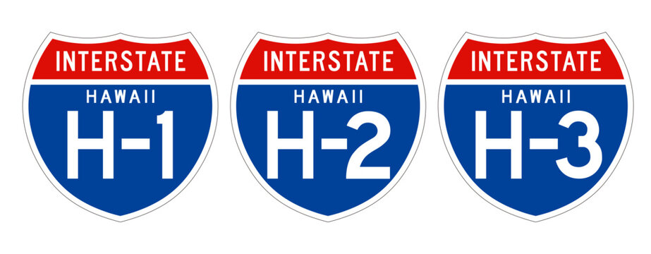 ハワイの高速道路の標識　ハワイ1号線 2号線 3号線　HAWAII H-1 H-2 H-3