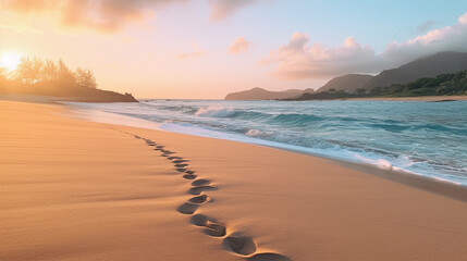 Tranquil Sunset on a Pristine Sandy Beach: Capturing Footprints in the Golden Hour Glow