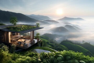 luxury Villa concept above the clouds with sunlight and mountain views generative ai