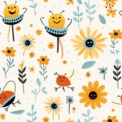 Obraz premium Cartoon bugs and flowers background