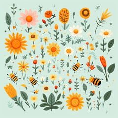 Cartoon bees and flowers background