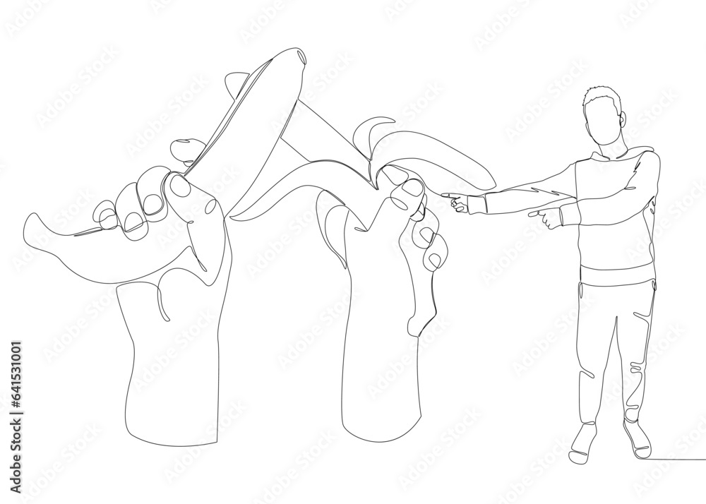 Poster one continuous line of man pointing with finger at banana. thin line illustration vector concept. co