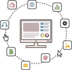 Various applications and functions shown on the computer monitor