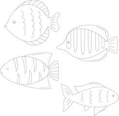 outline ocean animals clipart set in cartoon style. includes 4 aquatic animals for kids and children