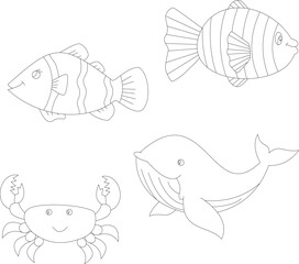 outline sea creatures clipart set in cartoon style. includes 4 aquatic animals for kids and children