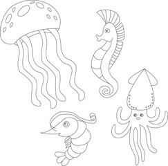outline sea animals clipart set in cartoon style. includes 4 ocean animals for kids and children