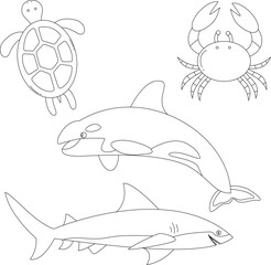 Fototapeta premium outline sea creatures clipart set in cartoon style. includes 4 underwater animals for kids and children
