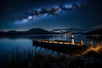 night landscape with moon and clouds,  wait lake at night with a faint milky way in the night sky 