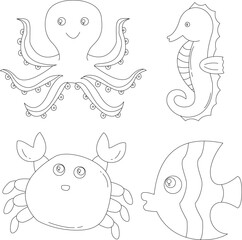 outline ocean creatures clipart collection in cartoon style. includes 4 aquatic animals for kids and children