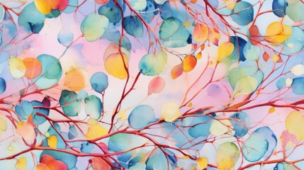 Seamless Bright Watercolor Eucalyptus Leaves with High Detail