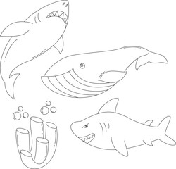 outline aquatic animals clipart collection in cartoon style. includes 4 aquatic animals for kids and children