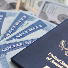 Social security card with US currency. Retirement benefit concept