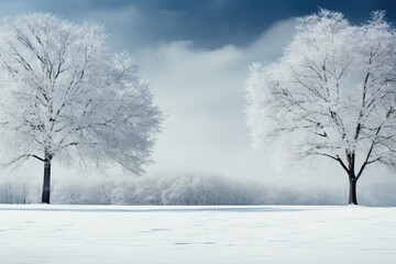 A background image, featuring two majestic snow-covered trees standing apart in a park, with a central space left for customization. Photorealistic illustration, Generative AI
