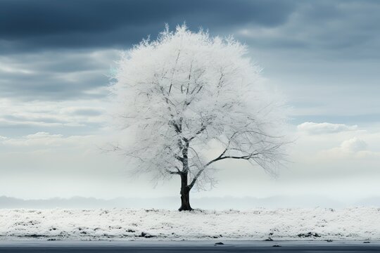 A background image for creative content, depicting a solitary snow-covered tree standing tall in a winter landscape. Photorealistic illustration, Generative AI