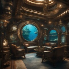Design an underwater steampunk world filled with submarines, divers, and underwater cities1