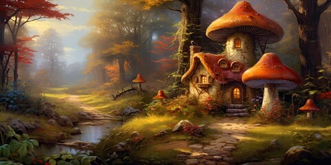 oil painting of autumn mushroom house in forest, generative AI - obrazy, fototapety, plakaty