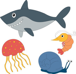 Naklejka premium colorful sea creatures clipart set in cartoon style. includes 4 sea animals for kids and children