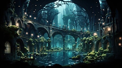 A stunning fantasy cityscape painting featuring a majestic bridge