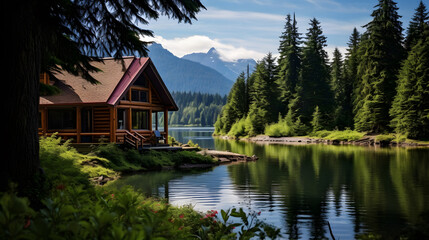 Fototapeta na wymiar Wood cabin on the lake , log cabin surrounded by trees, mountains, and water in natural landscapes. Nature background