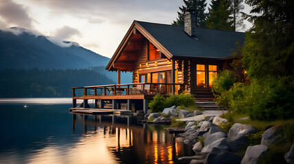Fototapeta premium Wood cabin on the lake , log cabin surrounded by trees, mountains, and water in natural landscapes. Nature background
