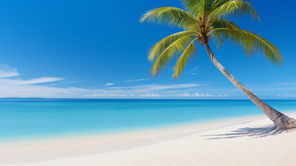 A Soothing Scene of Palm Trees on the Beach, Where Nature's Palms Gracefully Frame the Shoreline Under the Blissful Sun