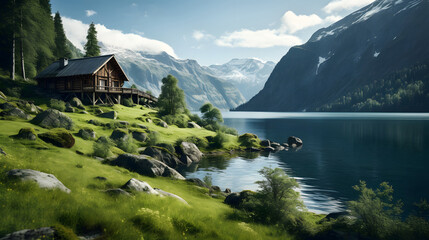 Wood cabin on the lake , log cabin surrounded by trees, mountains, and water in natural landscapes. Nature background
