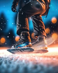 Fototapeta na wymiar close-up photo of a snowboarder's boot strapping onto a binding, the icy snowflakes glistening under the floodlights