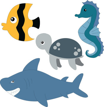 colorful sea animals clipart set in cartoon style. includes 4 aquatic animals for kids and children