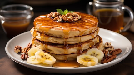 A stack of oatmeal banana pancakes with slices of fresh banana, walnuts and honey