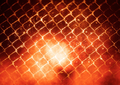 燃え盛る炎と焼け焦げた金網のイラスト背景