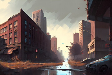 Obraz premium Digital painting of a flood in the city. Illustration of a flood in the city.