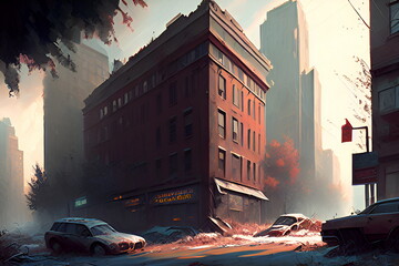 Burning car on the street in the city. 3d illustration