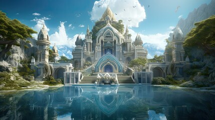 Fantasy castle in front of a clear blue lake, mountain background, blue sky, epic scenery