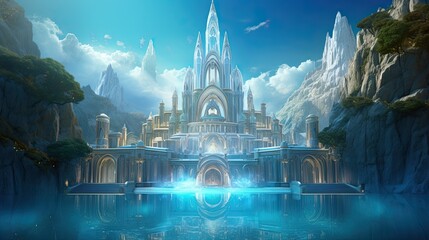Fantasy castle on a lake, mountain background, cloudy sky, fantasy scenery