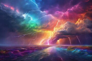 Rainbow Thunderstorm Background, Colorful Stormy Sky Background, Thunderstorm Sky, Colorful Lightning, AI Generative