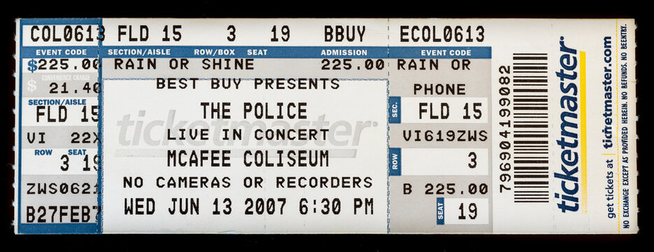 Oakland, California - June 13, 2007 - Old used ticket stub for The Police concert at McAfee Stadium