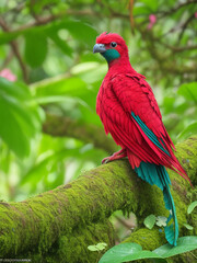 Quetzal,-Pharomachrus-mocinno,-from-nature-Costa-Rica-with-pink-flower-forest.-Magnificent-sacred-mystic-green-and-red-bird.-Resplendent-Quetzal-in-jungle-habitat.-Wildlife-scene-from-Costa-Rica