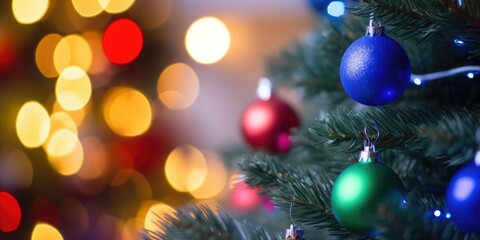 Merry Christmas and Happy New Year. Festive bright beautiful background. Decorated Christmas tree on blurred background. de-focused lights, gold bokeh