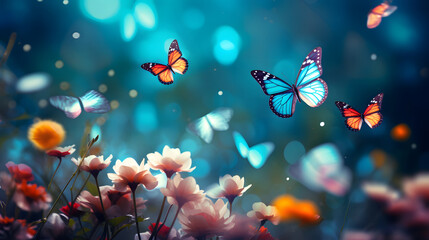 Fototapeta na wymiar beautiful nature spring background with fresh flowers and flying butterflies on a soft blurred blue background spring or summer in nature. Romantic dreamy artistic image