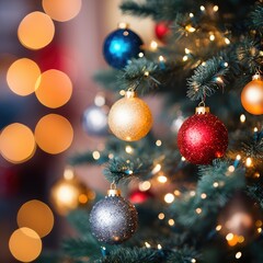 Fototapeta premium Merry Christmas and Happy New Year. Festive bright beautiful background. Decorated Christmas tree on blurred background. de-focused lights, gold bokeh