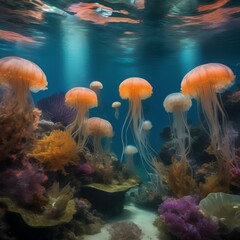 An underwater garden with jellyfish blooms, coral gardens, and vibrant marine life2