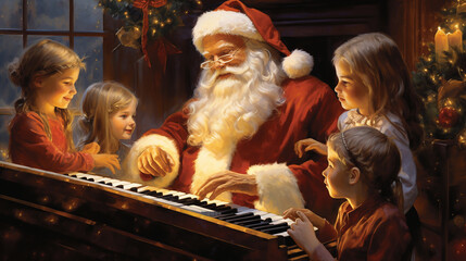 Santa Claus playing the piano and singing with kids, illustration, Christmas, Holidays