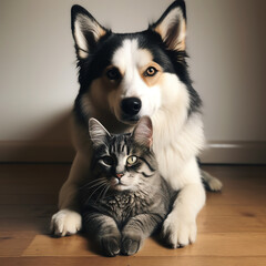 portrait of a black and white dog and cat