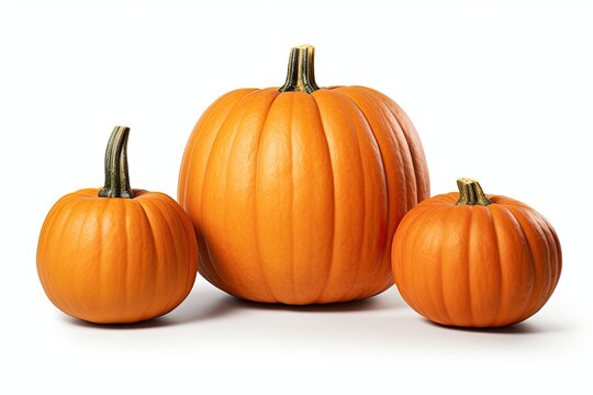 An arrangement of three pumpkins isolated on white with shadows clipping path included