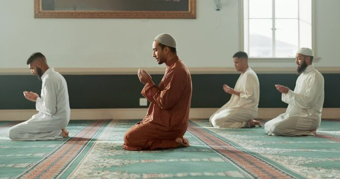 Islamic, praying and holy men in a Mosque for spiritual religion together as a group to worship Allah in Ramadan. Muslim, Arabic and people with peace or respect for gratitude, trust and hope